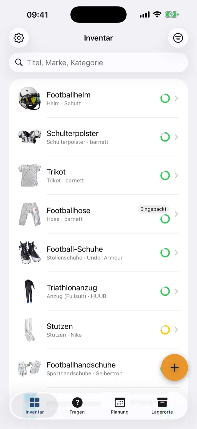Die Inventarliste mit freigestellten Fotos und Vollständigkeitsringen
