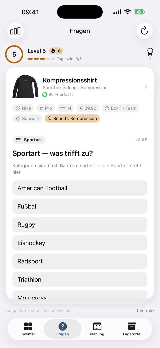Der Fragenkatalog mit einer offenen Frage zur Größe