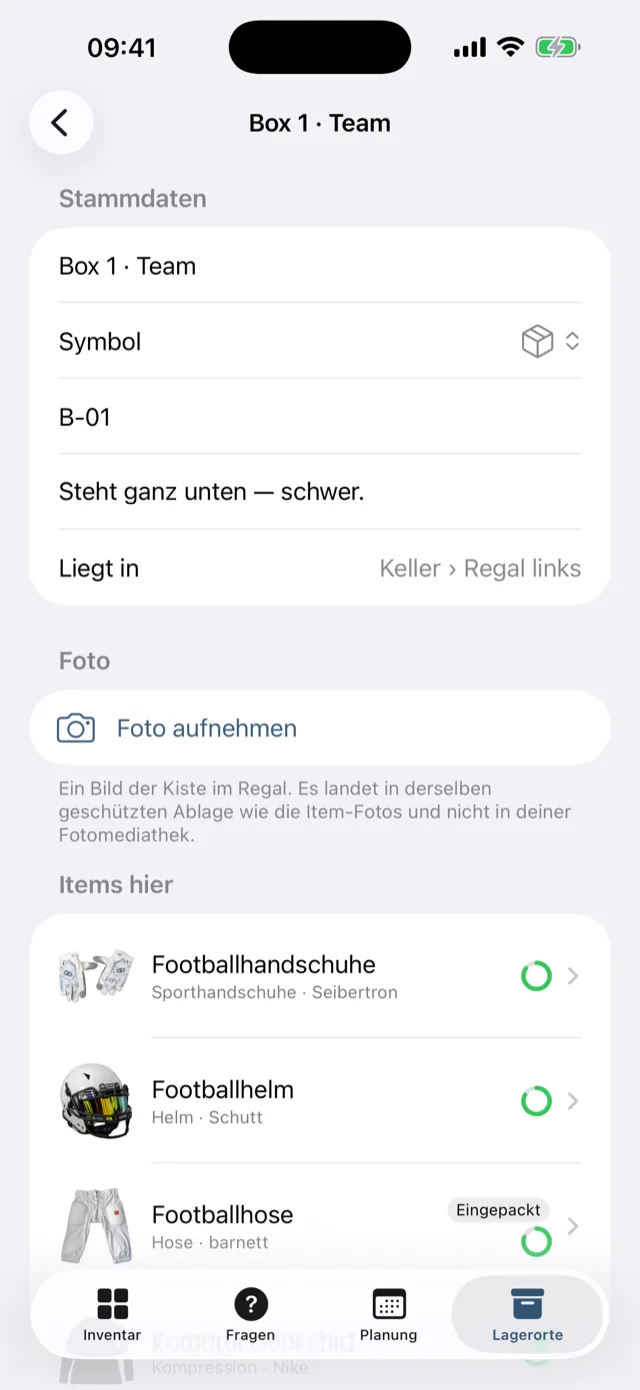 Der Lagerortbaum mit Kisten und NFC-Tags