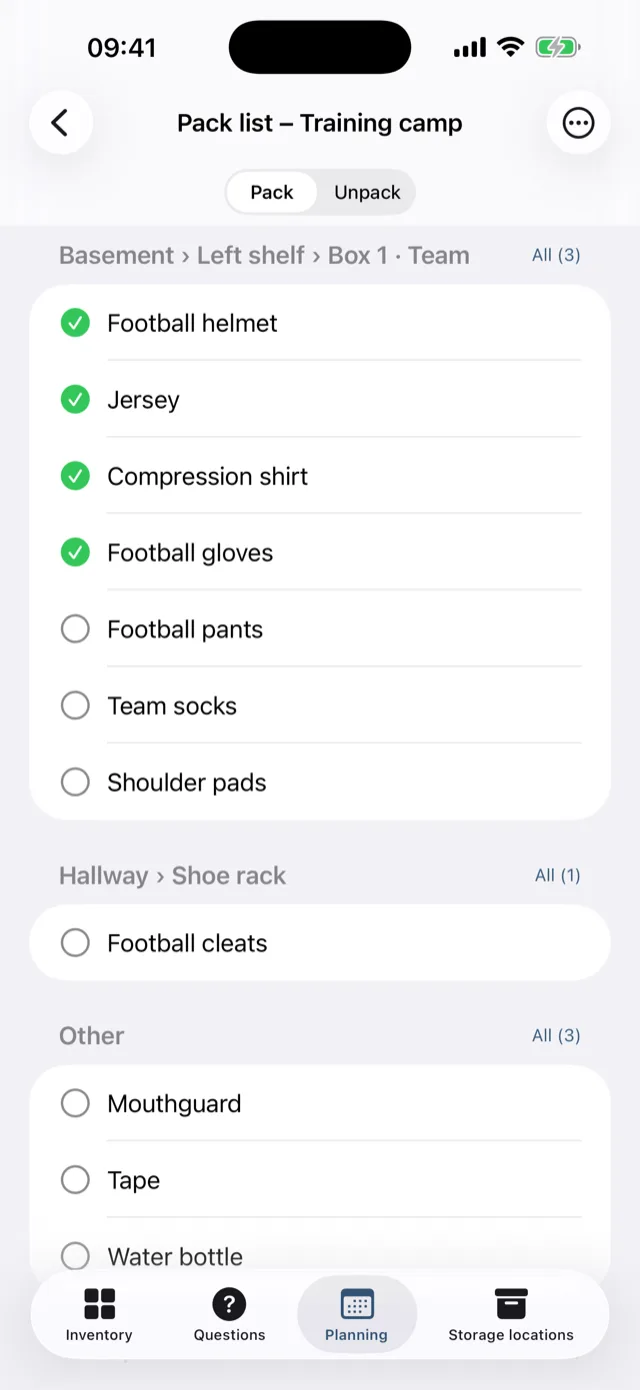 A half-ticked packing list for an event