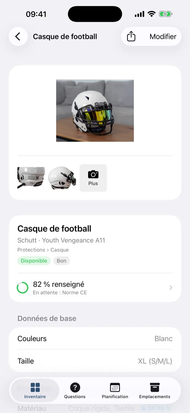 La fiche d'une pièce avec ses attributs et l'origine des valeurs