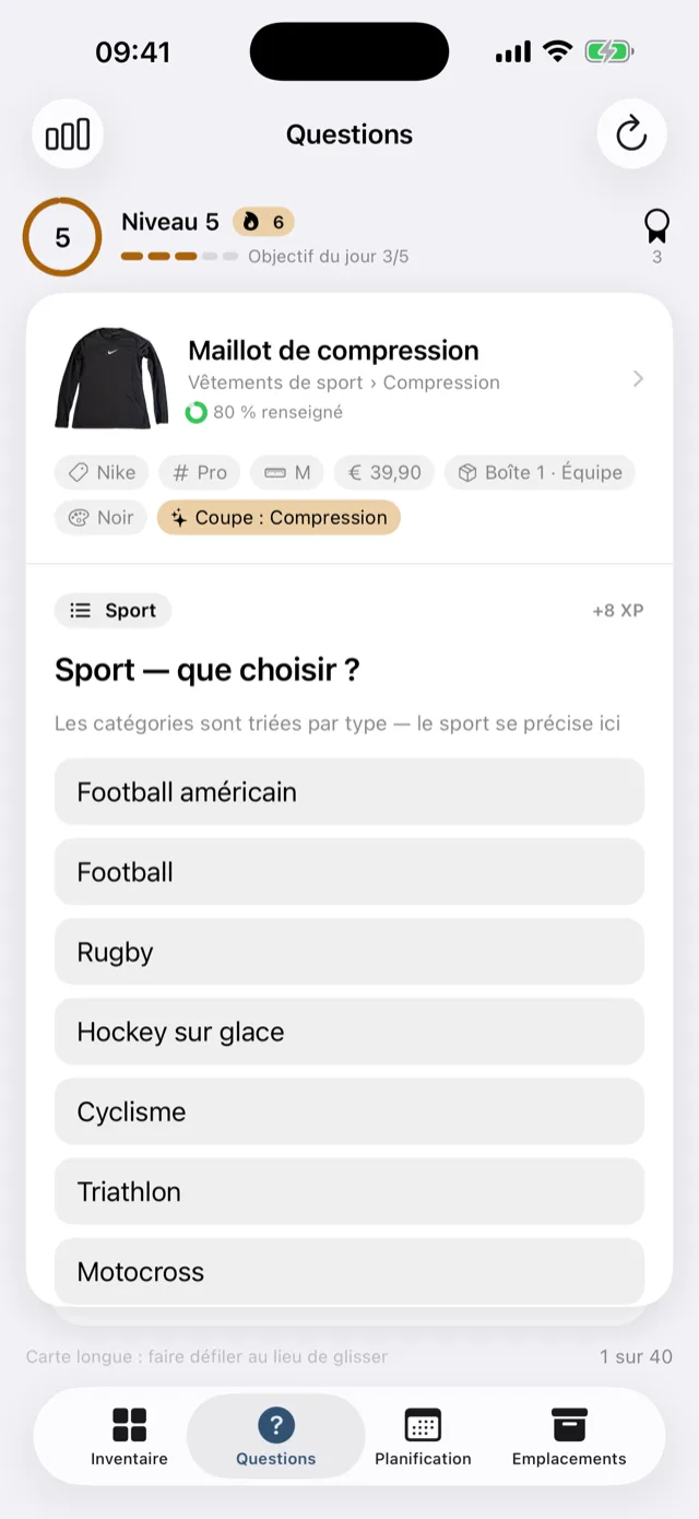 Le catalogue de questions avec une question ouverte sur la taille